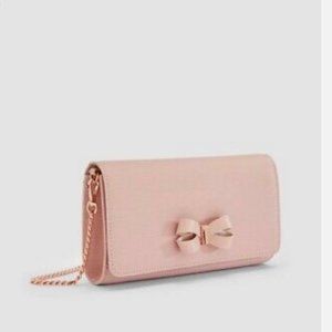 Ted Baker Pink Leather Bow Matinee Small Crossbody Clutch Chain Pink Gold